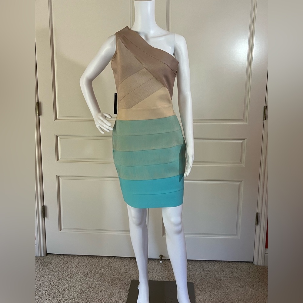 VENUS One-Shoulder Bandage Dress in Tan and Teal